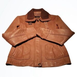VINTAGE Jones New York cognac brown collar Leather bomber fitted Jacket coat VTG